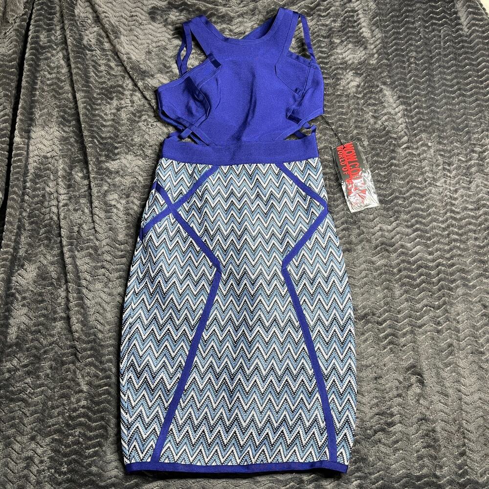 WOW COUTURE World Of Women blue Striped Box Fitted Dress Medium NWT